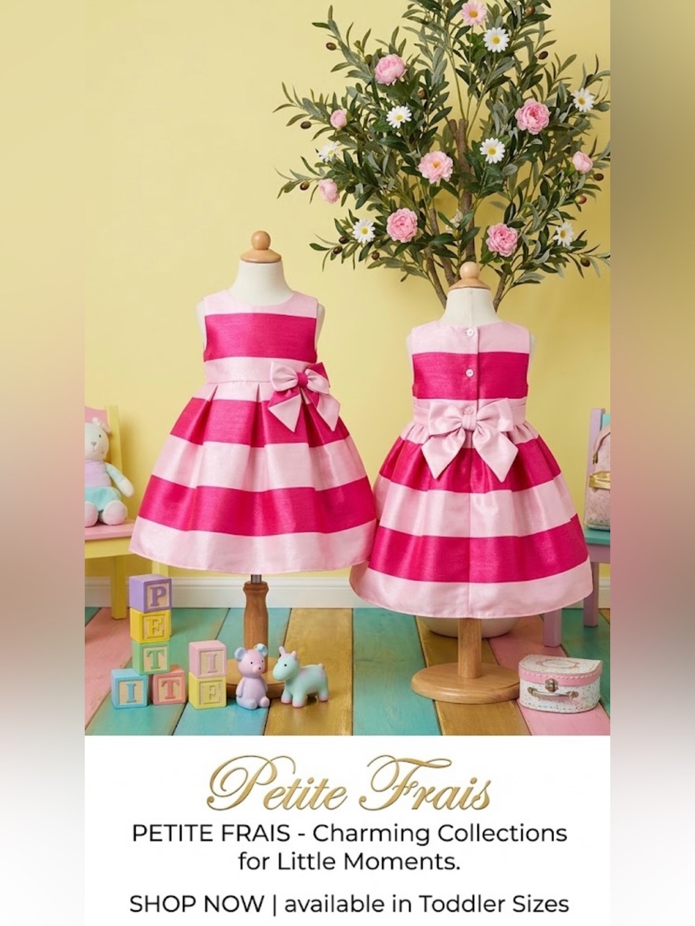 NWT ~ Nordstrom Petite Frais Pink Striped Girls' Dress W/Bow ~ Sz 24 mos